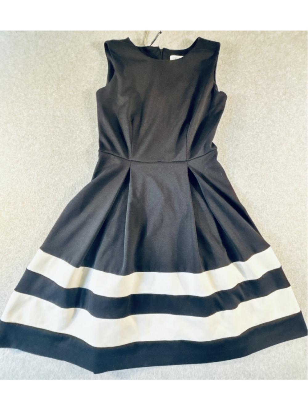 Calvin Klein Black and White Striped Sleeveless Belted Fit & Flare Dress